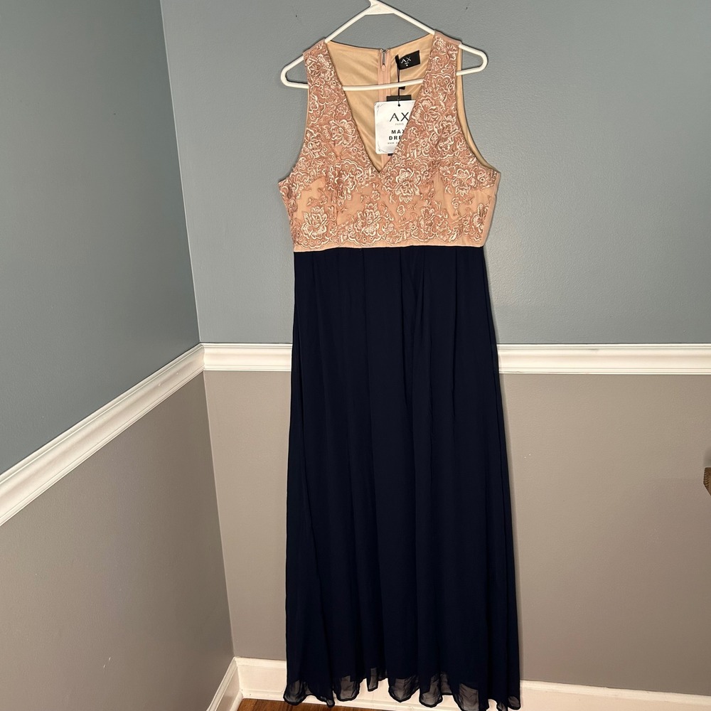 AX Paris Womens Nude Navy Blue Lace Maxi Dress D780 US 12 NEW
